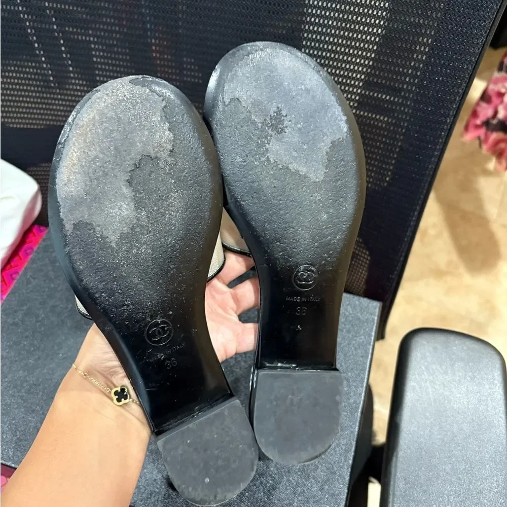 CHANEL Black and Cream Slide Sandals